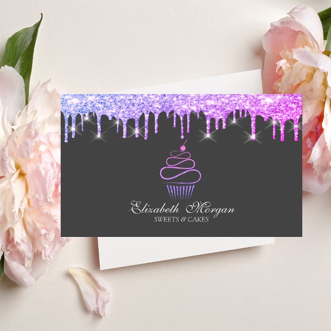 Carte De Visite Gâteaux élégants Paillettes Cupcake Violet Drips  (Créateur téléchargé)