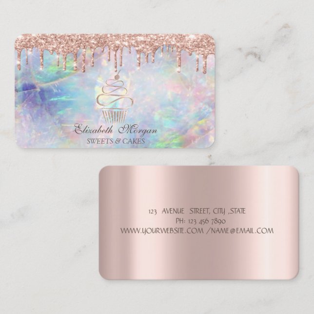 Carte De Visite Gâteaux Sucrés Rose Gold Drips Opale (Devant / Derrière)