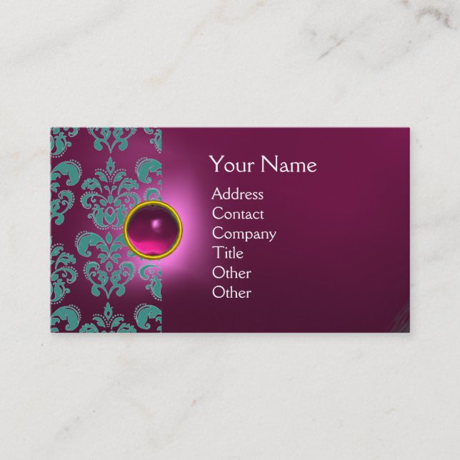 Carte De Visite GEMME CHIC DAMASK  MONOGRAMME rose bleu (Devant)