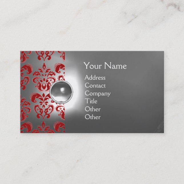 Carte De Visite GEMME DAMASSÉE CHIC  MONOGRAMME blanc rouge (Devant)