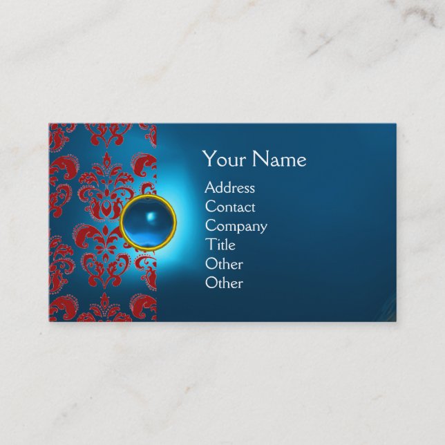 Carte De Visite GEMME DAMASSÉE CHIC  MONOGRAMME bleu rouge (Devant)