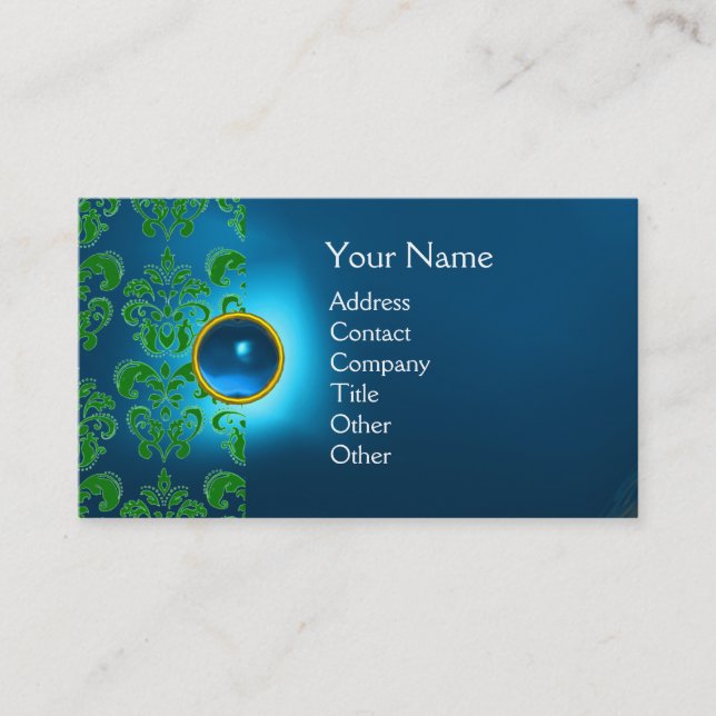 Carte De Visite GEMME DAMASSÉE CHIC  MONOGRAMME bleu vert (Devant)