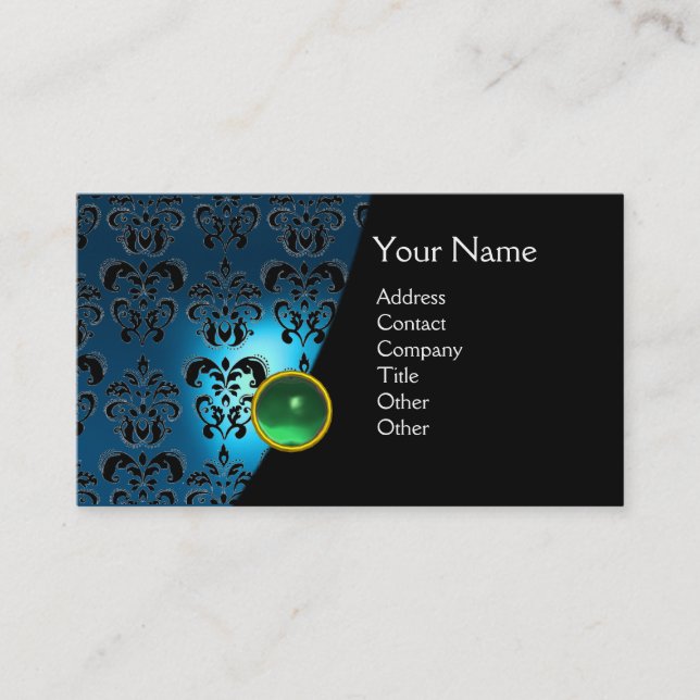Carte De Visite GEMME DAMASSÉE MONOGRAMME saphir bleu vert (Devant)