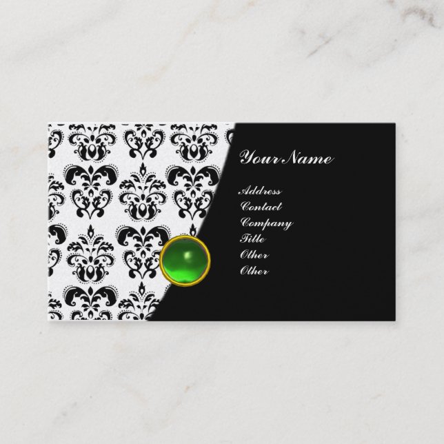 Carte De Visite GEMME DAMASSÉE MONOGRAMME vert noir blanc platine (Devant)