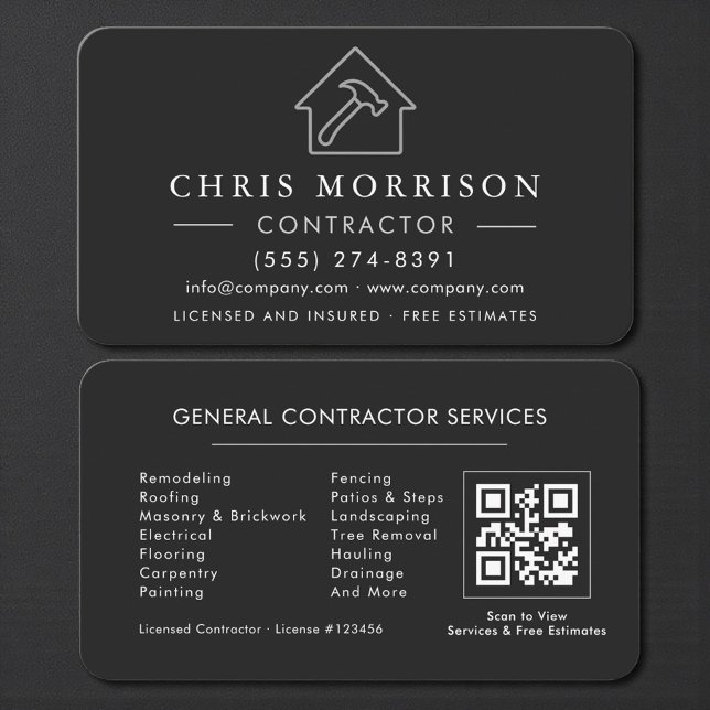 Carte De Visite General Construction Black Silver QR Code (Créateur téléchargé)