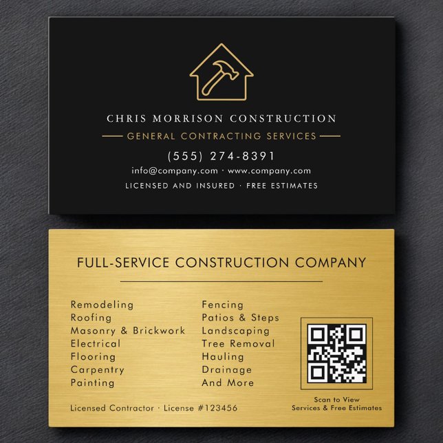 Carte De Visite General Contractor Metallic Gold & Black QR Code (Créateur téléchargé)