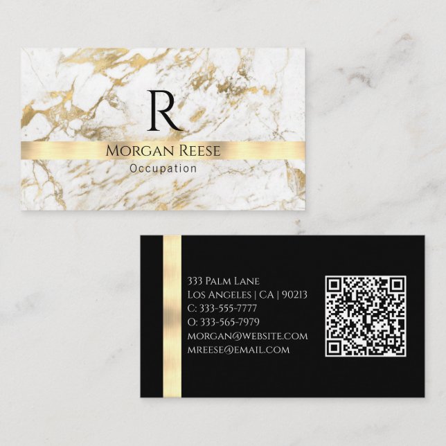 Carte De Visite Générer un code QR avec marbre blanc/or et monogra (Devant / Derrière)