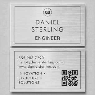 Carte De Visite Génie de code QR - Monogramme en argent brossé