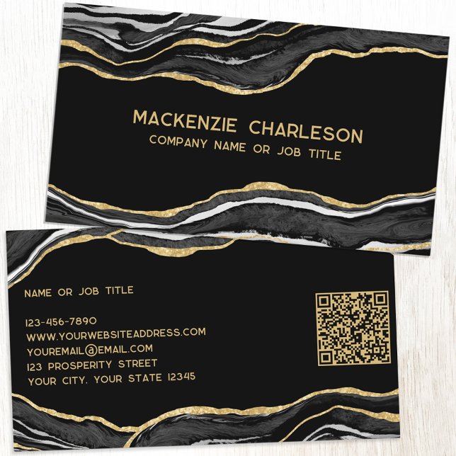 Carte De Visite Géode d'âge en marbre noir Parties scintillant or  (Black marble agate geode gold glitter effect elegant business card with QR code)