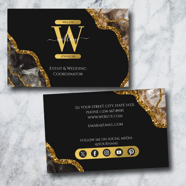 Carte De Visite Géode d'âge noir et or Parties scintillant Monogra (Black & Gold Agate Geode Glitter Monogram Marble Business Card)