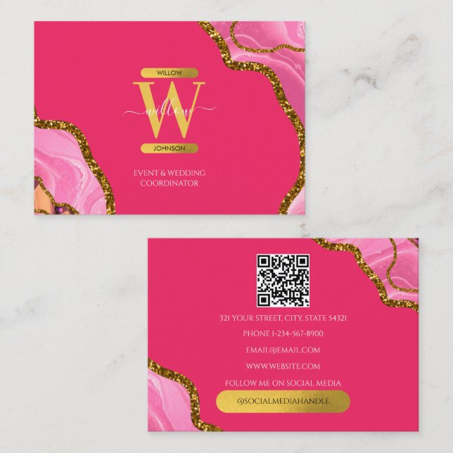 Carte De Visite Géode de l'âge rose Parties scintillant Monogramme (Devant / Derrière)