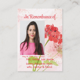 Carte De Visite Géranium Rouge Mémoire Pocket Keepsake