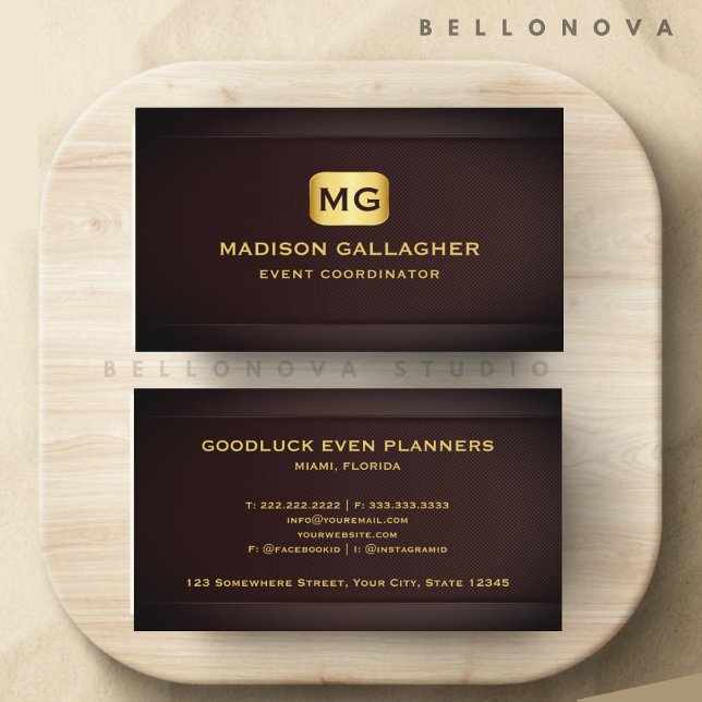 Carte De Visite Gestion d'événements professionnelle Rouge Marron  (Custom Red Maroon Gold Event Management Profession Business Card)