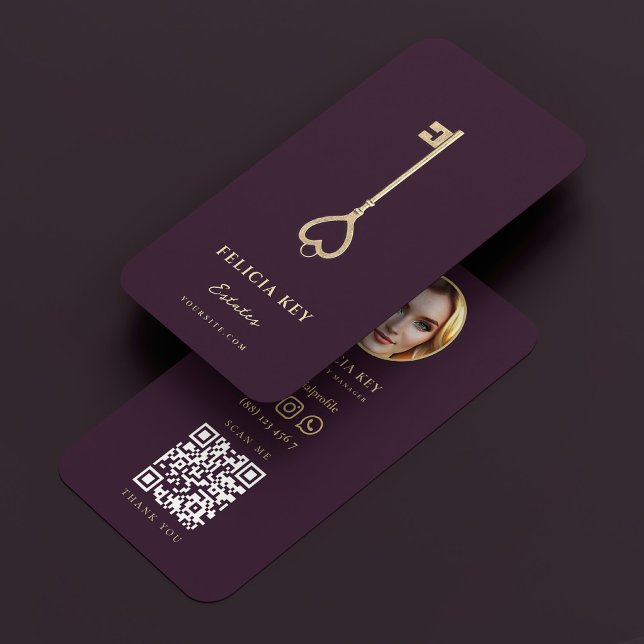 Carte De Visite Gestionnaire de propriétés Luxe Purple Gold Key Re (Property Manager Luxury Purple Gold Key Realtor Business Card
)