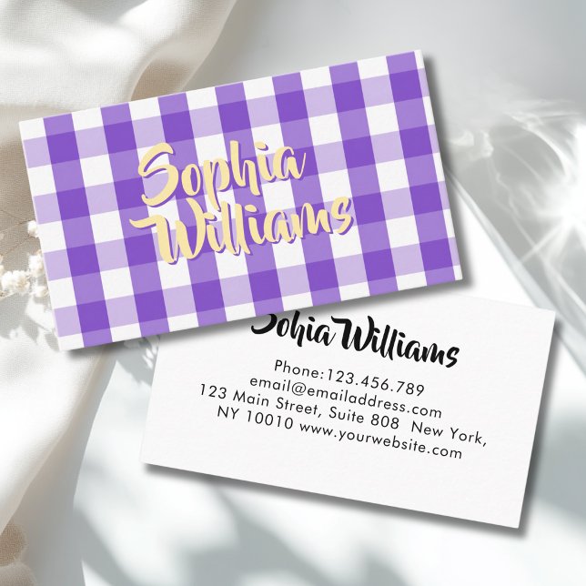 Carte De Visite Gingham à carreaux blanc violet (Purple White Gingham Checkered Business Card)