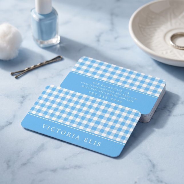 Carte De Visite Gingham Bleu Classique (Simulated business cards on table)