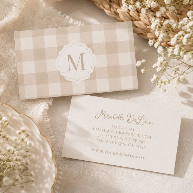 Carte De Visite Gingham Monogramme Beige Neutre  (Créateur téléchargé)
