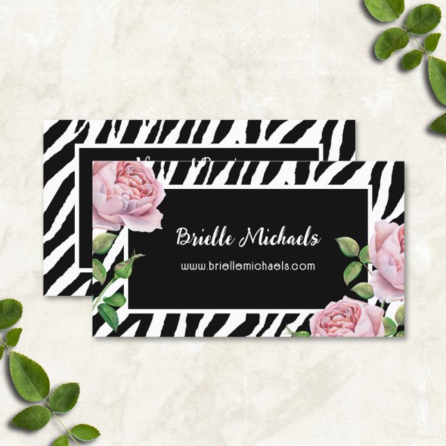 Carte De Visite Girl Zebra Stripes Motif Avec Roses Rose (Zebra Stripes Pattern With Pink Roses Business Cards)