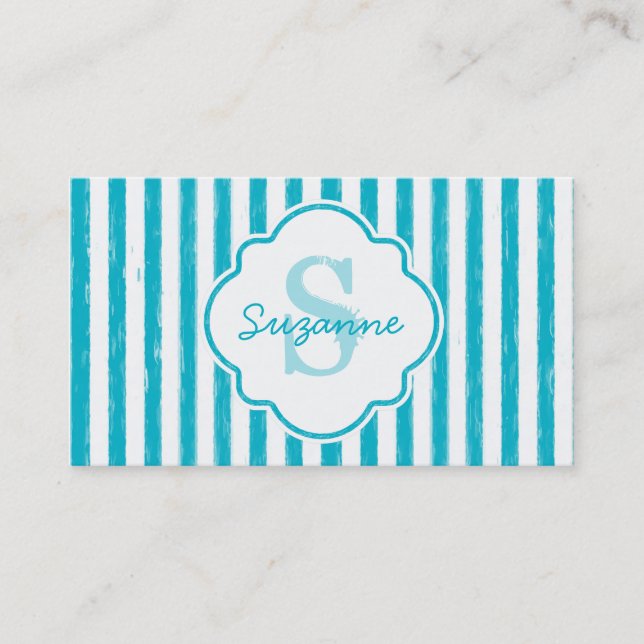 Carte De Visite Girly Turquoise Peint Stripes Monogramme et nom (Devant)
