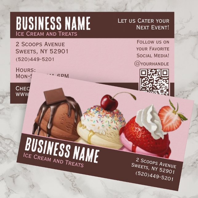 Carte De Visite Glace QR Code Rose et Marron Amusante (Ice Cream business cards with Chocolate, Vanilla, and Strawberry Ice Cream with QR Code)