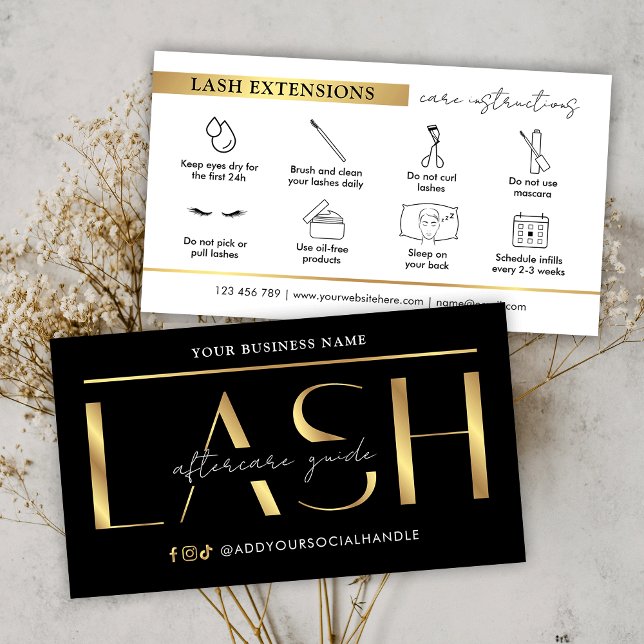 Carte De Visite Glam Black & Gold Lash Extensions Aftercare Guide (Créateur téléchargé)