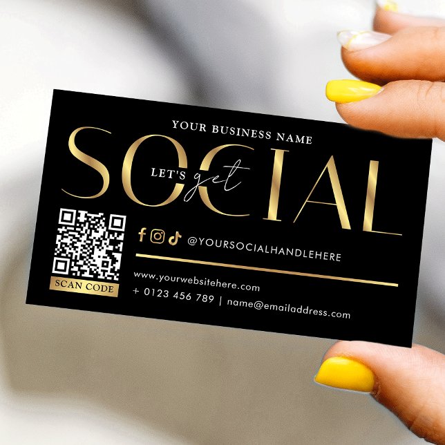 Carte De Visite Glam Black & Gold Let's Get Social Media QR Code (Trendy black and gold social media business cards with QR code and metallic gold effects)