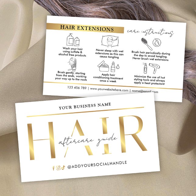 Carte De Visite Glam Chic Gold Hair Extensions Instructions de soi (Modern faux gold hair extensions aftercare cards with icons)