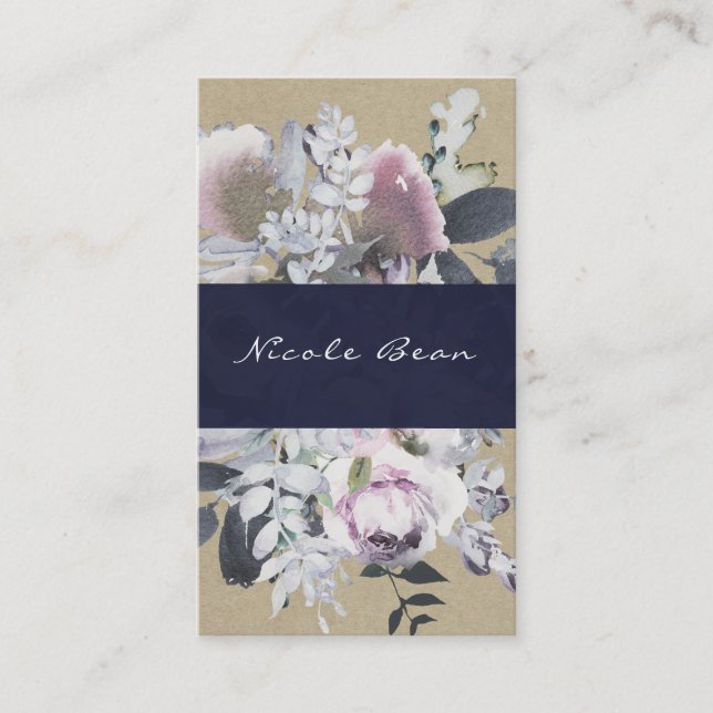 Carte De Visite Glam Floral Rustique Kraft Navy Chic Moderne (Devant)