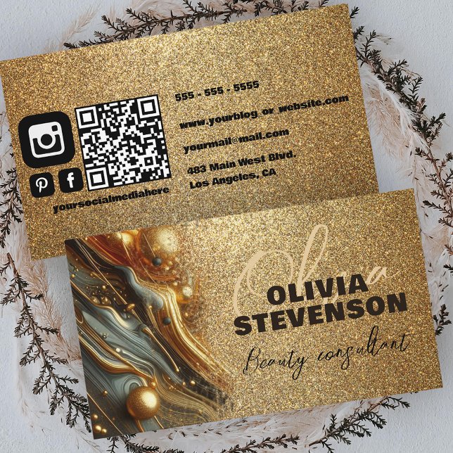 Carte De Visite Glam Glittery Gold Marble Beauty Consultant (Créateur téléchargé)