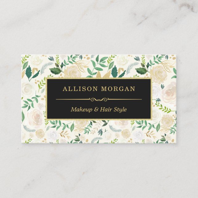 Carte De Visite Glam Gold Aquarelle Floral Elégant Salon de Beauté (Devant)