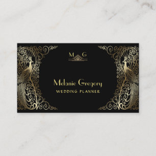 Carte De Visite Glam Gold Art Déco Peacocs Professionnel Monogramm