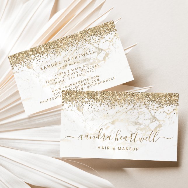 Carte De Visite Glam Gold Marbre Blanc Paillettes Script (Créateur téléchargé)