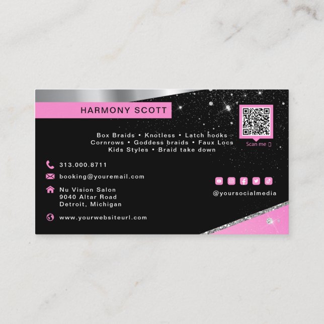 Carte De Visite Glam Hot rose Parties scintillant Diamond cheveux  (Dos)