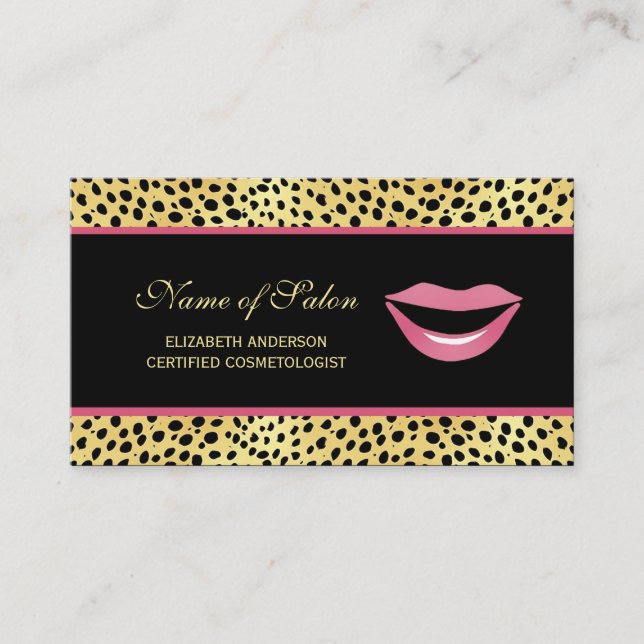 Carte De Visite Glam Lips Black Gold Cheetah Print Cosmetologist (Devant)