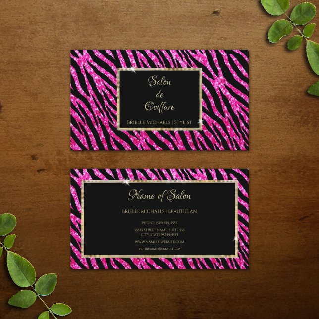 Carte De Visite Glam Parties scintillant rose chaud Zebra Impressi (Glam Hot Pink Glitter Zebra Print and Gold Frame Business Cards)