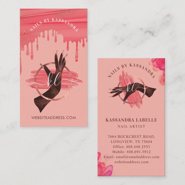 Carte De Visite Glam Pink Nail Art Manicon Salon Script Monogramme (Devant / Derrière)