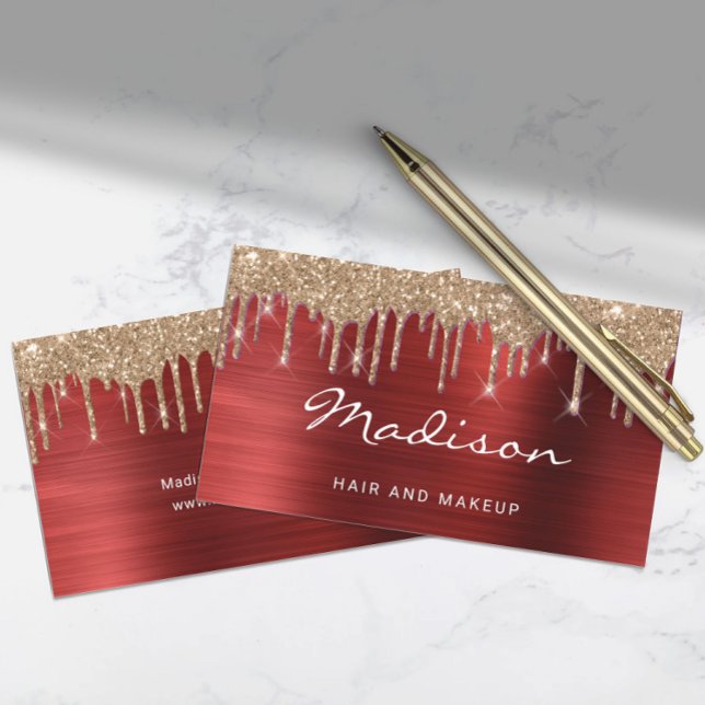 Carte De Visite Glam Red Metal Gold Parties scintillant Poils et m (Glam Red Metal Gold Glitter Drip Hair & Makeup Business Card)