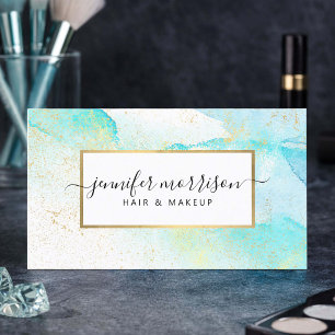 Carte De Visite Glam Script Aqua Bleu Aquarelle Faux Poussière d'O