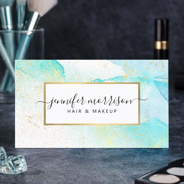 Carte De Visite Glam Script Aqua Bleu Aquarelle Faux Poussière d'O (Créateur téléchargé)