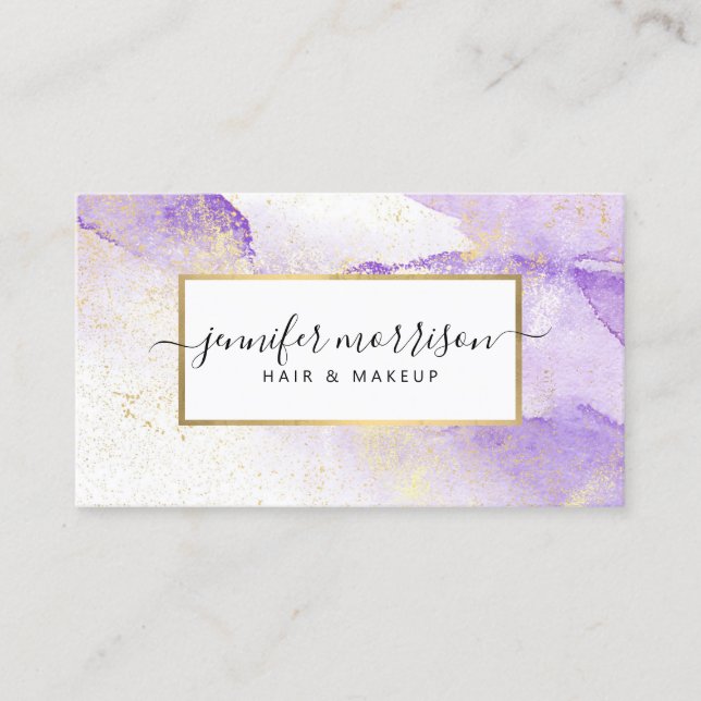 Carte De Visite Glam Script Purple Aquarelle avec Poussière Or Fau (Devant)