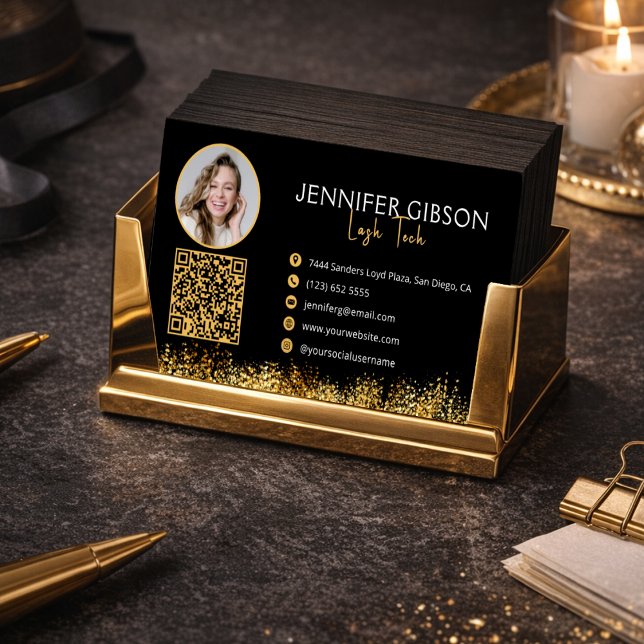 Carte De Visite Glamorous Black & Gold Lash Tech QR Code  (Créateur téléchargé)