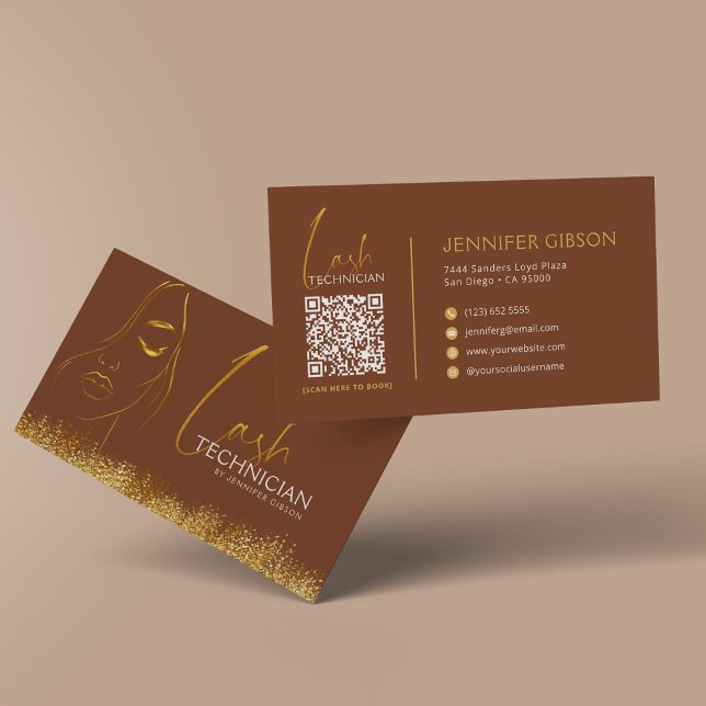 Carte De Visite Glamorous Gold & Brown Lash Tech QR Code  (Créateur téléchargé)
