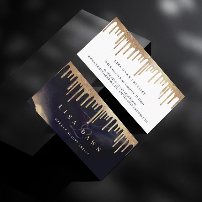 Carte De Visite Glamour Parties scintillant or goutte d'encre fonc (Glamorous Gold Glitter Drip Dark Ink Monogram Glam Business Card)