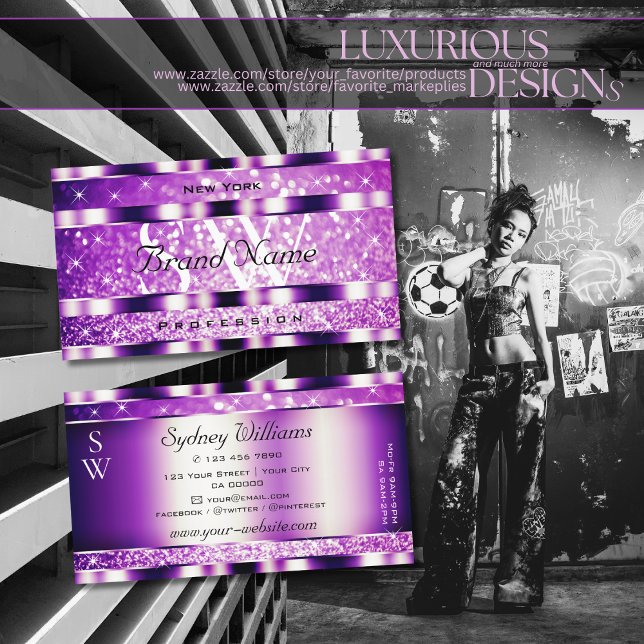Carte De Visite Glamour Purple Sparkling Glitter Stars (Créateur téléchargé)