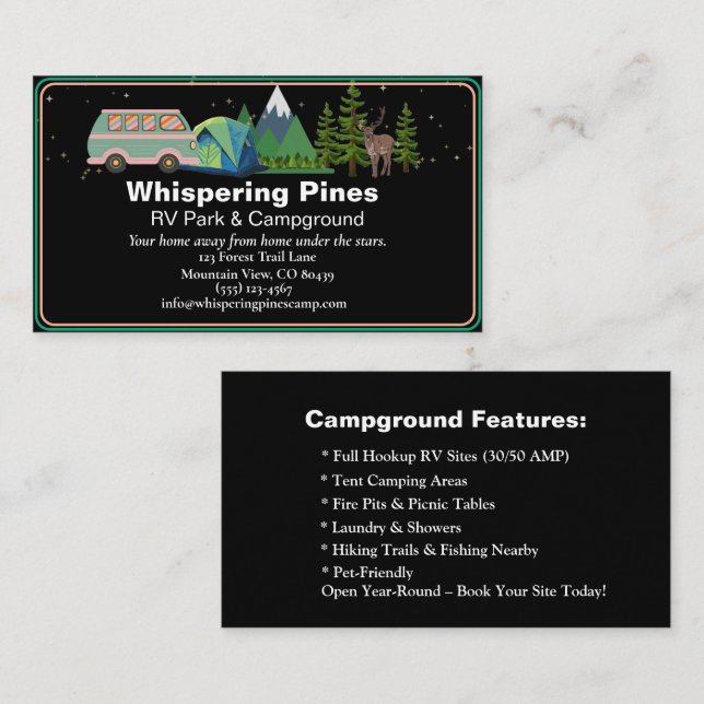 Carte De Visite Glamping Resort Nature Contact Design (Devant / Derrière)