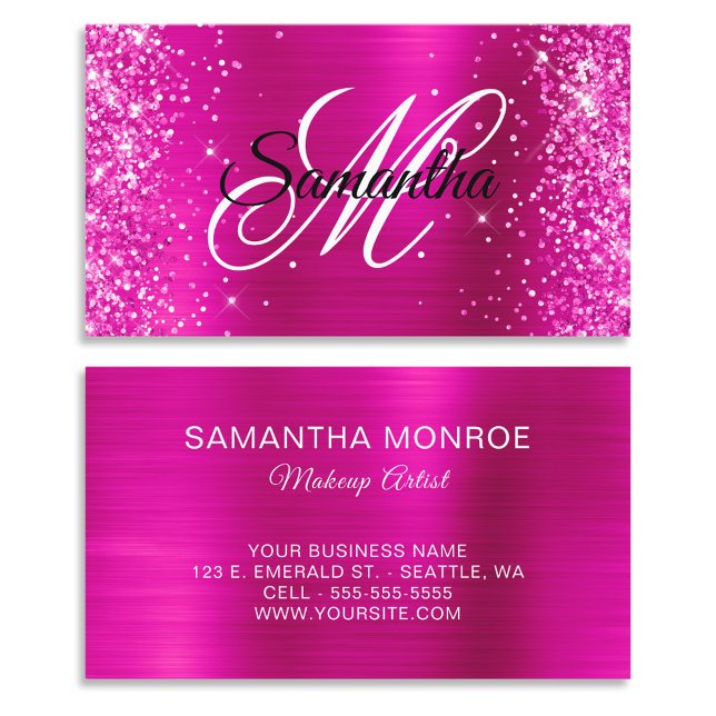 Carte De Visite Gliterie rose chaud huile Fhuile Fancy Monogramme (Glittery Hot Pink Foil Fancy Monogram Business Cards)