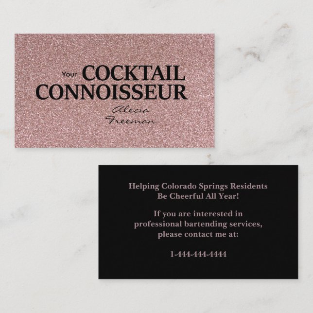 Carte De Visite Glitter Rose Gold Bartender Event Business Card (Devant / Derrière)