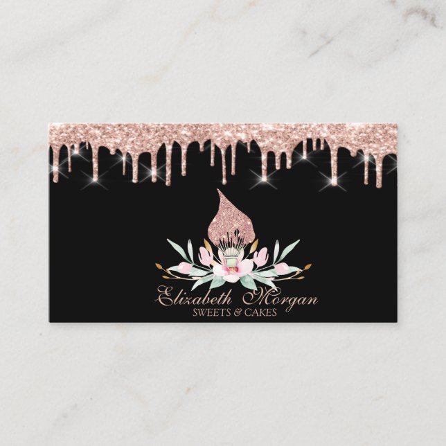 Carte De Visite Glitter Whisk Flowers Rose Gold Drips Bakery Black (Devant)