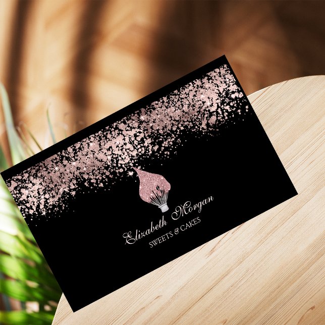 Carte De Visite Glitter Whisk Rose Gold Drips Bakery Black (Créateur téléchargé)