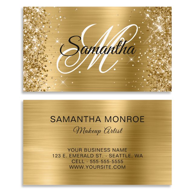 Carte De Visite Glitterie or huile Fancy Monogramme (Glittery Gold Foil Fancy Monogram Business Card)
